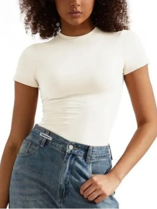 Suuksess Tops - SUUKSESS White/Cream Buttery Soft Crew Neck Short Sleeve Top Women’s Large